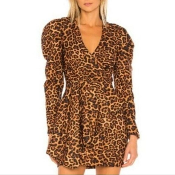 Lovers + Friends Dress Womens Small New Leopard Animal Print Puff Sleeve Mini - Picture 2 of 16